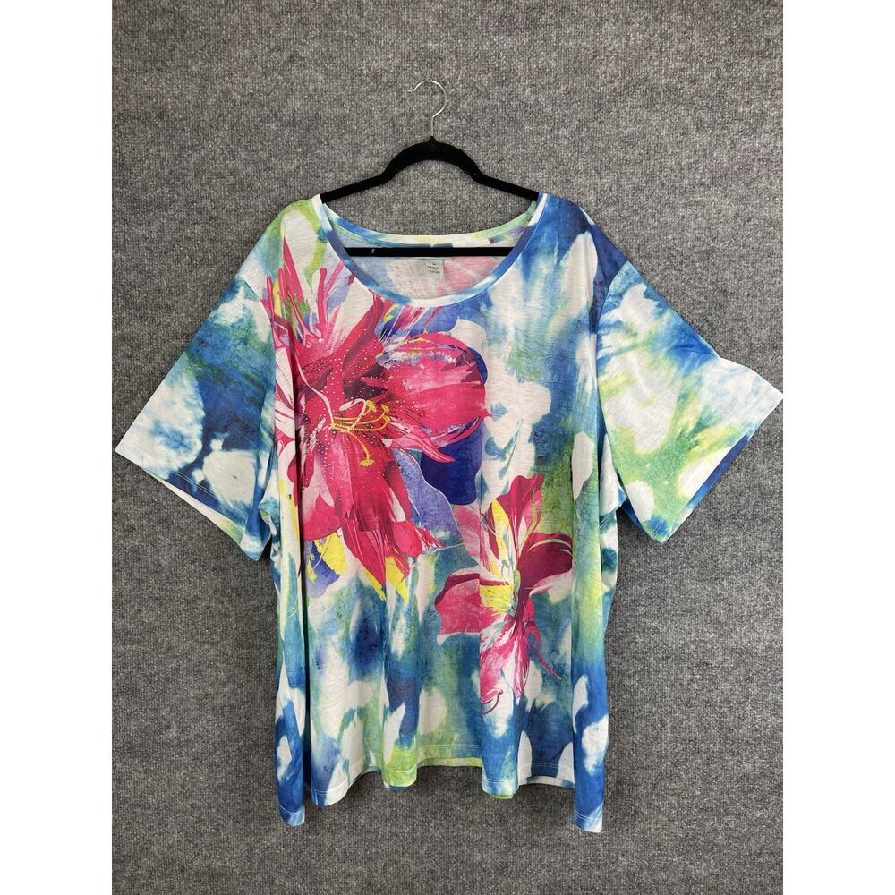 Catherines Top‎ Size 5X Pink & Green Floral Print Short Sleeve sequence